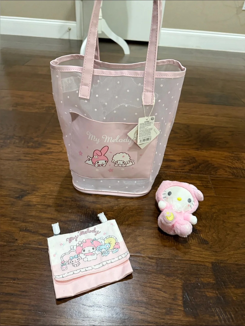 My Melody Pink Tote Bag with Hello kitty Plush Charm